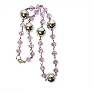 Necklace Translucent Pink Faceted Beads Shiny Silver Tone Ball Accents Romantic
